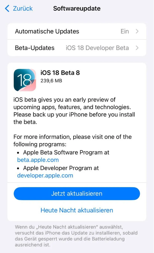 舒兰苹果手机维修分享苹果 iOS / iPadOS 18 开发者预览版 Beta 8 发布 